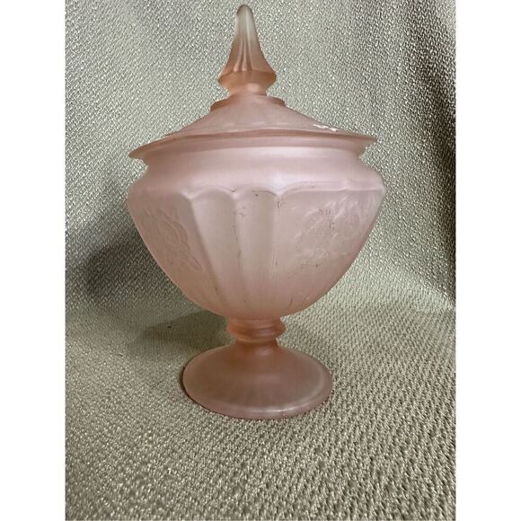 Vintage Anchor Hocking Mayfair Pink Frosted Depression Candy Dish & Lid Floral - Picture 5 of 11